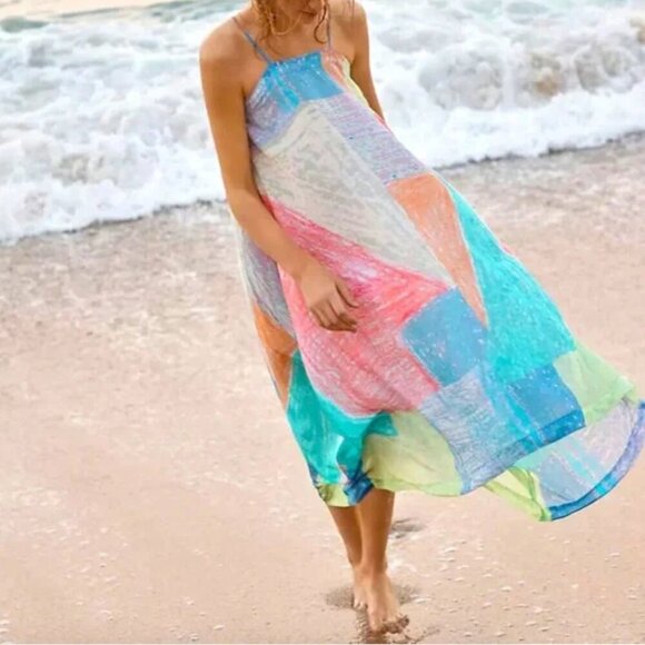 Anthropologie Lilka Annette Pastel Watercolor Patchwork Trapeze Maxi Midi Dress - Picture 1 of 10